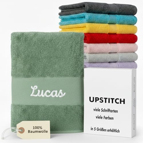 Upstitch Studios Handtuch mit Namen oder Wunschtext Bestickt, personalisiertes Duschtuch, individuelles Badetuch, 100% Baumwolle,30x50cm,50x100cm,140x70cm,80x200cm,100x210cm (jadegrün, 80 x 200cm)