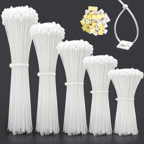 Set di 1000 fascette stringicavo bianco 100/150/200/250/300 mm Zip Ties, e 20 basi adesive, resistenti ai raggi UV, resistenti al calore, fascette in nylon, autobloccanti, giardinaggio, casa, officine