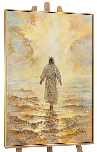 YS-Art Handgemaltes Jesus Bild auf Leinwand Spirituelle christliche Wandkunst mit Rahmen Religiöses Acrylgemälde Meer & Licht Moderne Wanddeko 120x80 cm