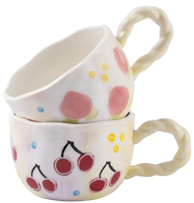 Yebaohond Cute Ceramic Coffee Mugs Set of 2, 500ml Large Capacity Novelty Twisted Handle Coffee Cups, Adorable Bear & Rabbit Pattern Ceramic Mugs for Coffee, Tea, Milk (Peaches and Cherries)
