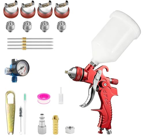 Pistolet HVLP avec Buses de 1,4/1,7/2,0/2,5 mm et manomètre, kit de Pistolet à air Comprenant Un Pistolet à Peinture Automobile à Alimentation par gravité, adapté à la Peinture Automobile