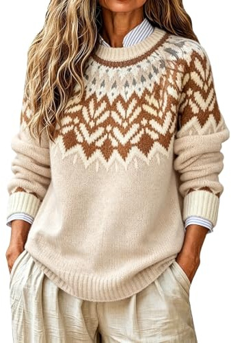 Générique Pull Fair Isle Femme Norvégien Vintage Tricot Pulls Oversize | Chaud Grande Taille Col Roulé Manches Longues Pulls Islandais Automne Hiver Chic et Élégant Ample Chandail Halloween Noël