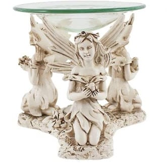 Whimsical White Resin Fairy Oil Burner - 11cm x 13cm (1 Pack) - Enchanting Trio of Fairies Design - Perfect for Home & Decor