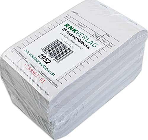 RNKVERLAG - Kassenblock einfarbig, schwarz/rot, mit Nummerierung, oben geheftet, perforiert, 2 x 50 Blatt, 96 x 167 mm, 10 Stück