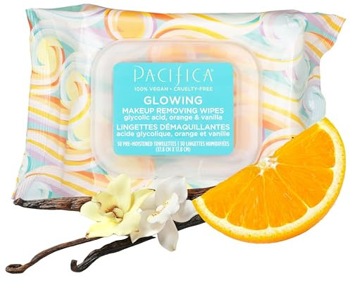 Pacifica Beauty - Glowing Makeup Remover Wipes - Glycolic Acid, Coconut Water, Aloe Infused - Daily Cleansing + Exfoliating - Clean Skin Care - Plant Fibre Facial Towelettes - Vegan