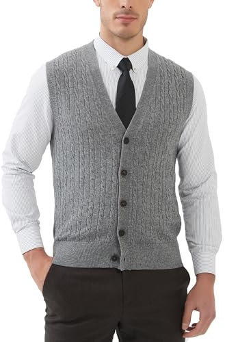 Kallspin Men’s Wool Blend Sweater Vest Cable-Knit Button Front Sleeveless Cardigan Smart Casual Jumper Knitwear(Light Grey, M)