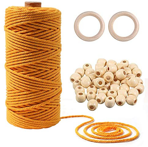 Makramee Baumwollgarn Set,Macrame Garn Set 3mm x 100m Baumwollgarn Baumwollseil Baumwollschnur Baumwollkordel für DIY Dekoration Weben Aufhänger Basteln Stricken Wandbehang Pflanzenaufhänger,Gelb