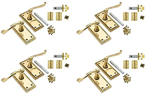 Golden Grace 4 Sets of Georgian Lever Latch Door Handle Polished Brass Finish 107mm x 48mm with Latches and Hinges