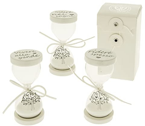 Etm Bomboniere Formoso Clessidra in Vetro Trasparente con Sabbia Bianca Inserto Albero della Vita zama e Scatola h 11 cm Set 3 pz Art 07A014