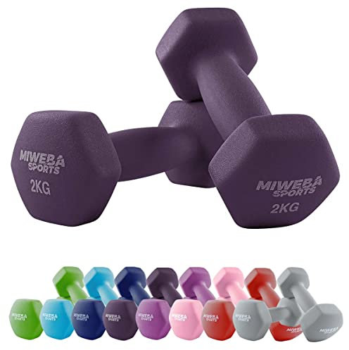 Miweba Sports Neopren Hantelset NKH100 | 𝐏𝐫𝐨𝐟𝐢 Hantel - Hexagon Hanteln Set - Kurzhanteln - Kurzhantel Set - Gymnastikhanteln - Hantel Set - Dumbbell - 0,5-10 Kg (2X 2.0 kg, Lila)