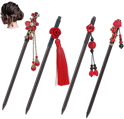 4 Stück Holz Haarnadeln, Vintage Chinesische Haarnadel, Chinesischer Haarstab aus Holz, Vintage Haarnadeln für Haare, Frauen Haarstäbchen, für Frauen Mädchen