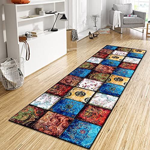 WTHYGB Teppich Läufer Flur Küche 40x60 cm, Vintage rutschfest Waschbar Küchenläufer Flurläufer, Lang Polyester Plaid Muster Blau-Gelb Teppichläufer für Korridor, Schlafzimmer, Innen Wohnzimmer