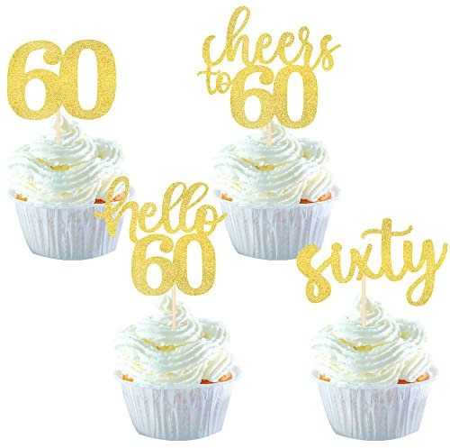 SYKYCTCY 36Pack 60th Birthday Cupcake Toppers Glitter Cheers to 60 Cake Toppers Hello 60 Sixty Cupcake Picks Decorations for 60th Birthday Anniversary Party Supplies Gold