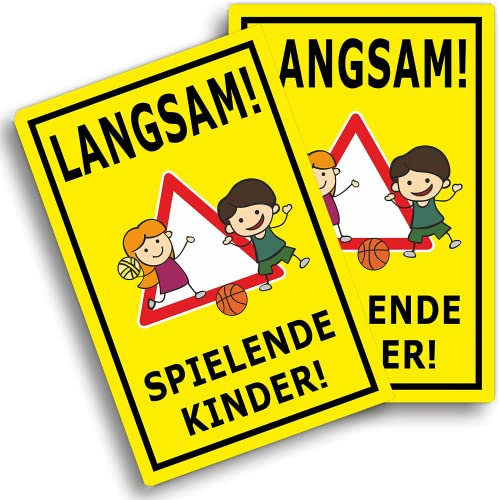 2 Stück - Achtung Kinder Schild (20x30 cm Kunststoff) - Warnschild spielende Kinder - Vorsicht Hier Spielen Kinder - Bitte langsam Fahren