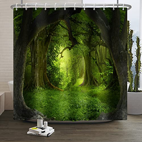 SDOTPMT 105x160cm Magie Forêt Rideau de Douche - Conte de Fée Fantasme Jungle Arbre Vert Plante Prairie - Naturel Paysage pour Salle de Bains - Polyester avec Crochets