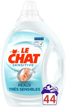 Le Chat Sensitive 0% – Lessive Liquide Hypoallergénique – 44 Lavages (2.2L) – Sans Parfum - Sans Colorants - Sans Conservateurs