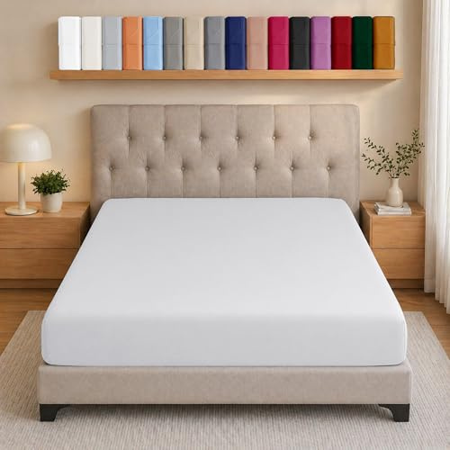 AMEHA Double Fitted Sheet Deep Pocket Up to 25 cm White Bedsheets Soft Brushed Microfiber Elasticated Corners Bottom Sheet Easy Care - Anti Wrinkle & Fade Resistant