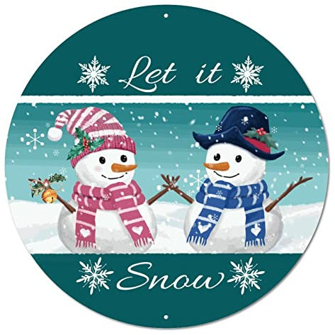 Rundes Metallschild Let It Snow, Schneemann und Schneeflocke, Kreis-Kranz-Schild, Vintage-Türschild, verwittertes Weihnachts-Metallposter für Café, Werkstatt, Kneipe, Weihnachtsdekoration, 22,9 cm