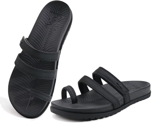 KuaiLu Womens Slides Sandals With Arch Support Comfort Plantar Fasciitis Yoga Mat Cushion Sandals Fashion Summer Beach Walking Adjustable Ladies Flat Orthopedic Slip On Sandles Black Size 5.5