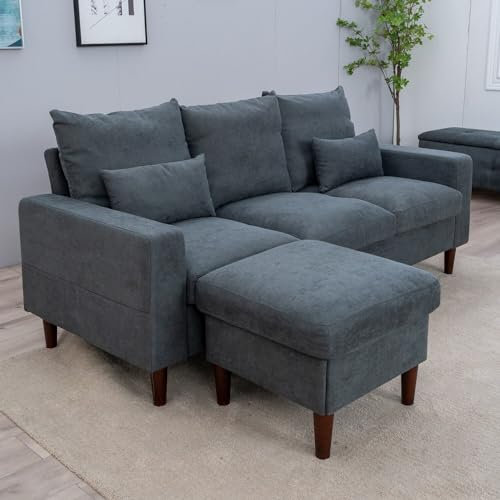 Panana Fabric Corner Sofa Living Room Suite, 3 Seater with Ottoman Footstool, 3 Seater L Shape Sofa Set, Grey