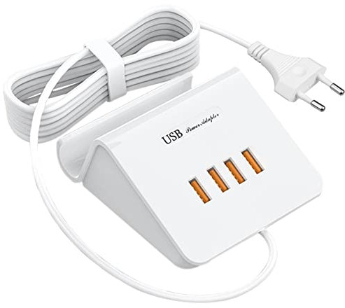 Station de Charge 4 Ports USB avec Support Téléphone et Câble 1,8M - Chargeur Rapide 25W Compatible iPhone, iPad, Samsung, Huawei, OnePlus, Xiaomi (Blanc)