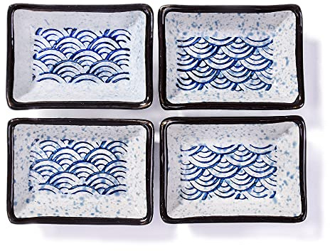 Lot de 4 assiettes à soja japonaises rectangulaires en céramique Motif vagues bleues