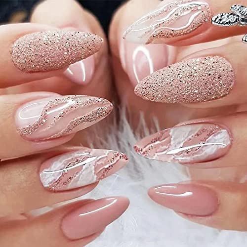 24 Stück mittellange Kunstnägel in Rosa und Weiß Kunstnägel Marmor-Kunstnägel und Wirbel-Kunstnägel Glitzer-Designs künstliche Nägel Kunst für Frauen und Mädchen tägliche Dekoration