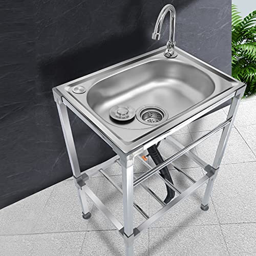 Évier Cuisine Inox Lavabo Cuisine Avec Robinet,Extérieur Évier De Jardin Lavabo Restaurant Cuve Simple,Éviers Commerciaux Autoportant,Pour Buanderie,Camping,Entrepôt (60x45x83cm/24x18x33in)