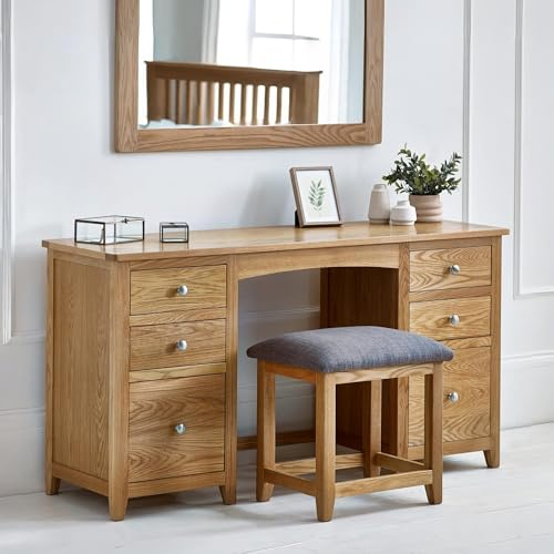 Julian Bowen Mallory Twin Pedestal Dressing Table + Stool Set | Traditional Vanity Table & Chair for Bedroom, Solid Oak & Veneers, No Assembly Needed, Practical Storage