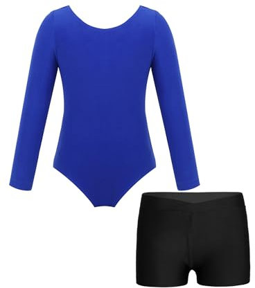 Aiihoo Mädchen Ballettanzug Turnanzug Langarm Ballett Body mit Sport Shorts Einfarbig Tanzbody Ballett Trikot Gymnastikanzug Tanzkleidung Dunkelblau 140-146