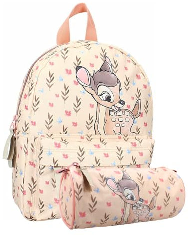 mybagstory Rucksack – Bambi – 2-teiliges Set – Kinder – Schule – Grundschule – Kindergarten – Schulranzen für Mädchen – Größe 31 cm – verstellbare Träger + Federmäppchen – Geschenkidee, beige, 31 cm