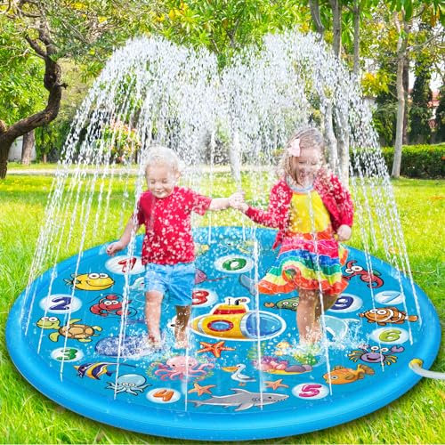 Chennyfun Kids Sprinkle and Splash Play Mat, 68'' Summer Garden Outdoor Spray Water Play Sprinklers Games Garden Beach Spray Mat, Sprinkle Splash Water Pad Toys Pool Toy Gifts for Boys Girls