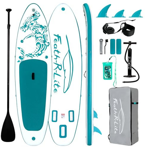 FEATH-R-LITE Aufblasbares Stand Up Paddle Board SUP mit Paddleboard Zubehör, Multifunktionale Paddle Boards Rutschfestes Deck Design für Erwachsene und Jugendliche (Weiß und Grün)