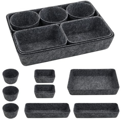 Ehuihuan Organizer Schubladen Filz, 8er-Set, Ordnungssystem Schublade Büro, Aufbewahrungshelfer für Schubladen, Stapelbare Trennwände Schreibtisch Schublade, Schminktisch Organizer (dunkelgrau)