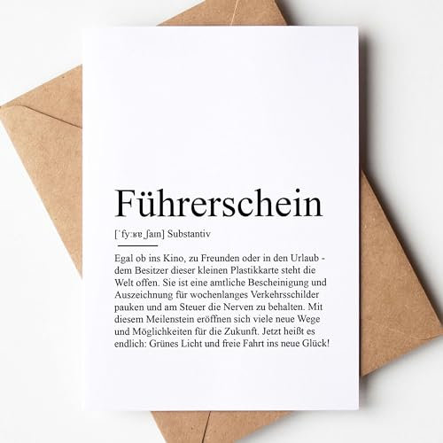 KAMEWI® Grußkarte FÜHRERSCHEIN Definition | Klappkarte mit Briefumschlag aus Kraftpapier | Geldgeschenk Fahranfänger Fahrerlaubnis Erstes Auto Glückwunschkarte