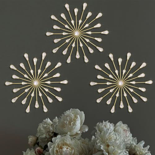 Metall-Wanddeko mit Schmucksteinen, Bling-Kristall-Heimdeko, Strass Sonnen- und Stern-Wandhänger mit Diamantakzenten 34,3 x 34,3 cm, Vergoldet, 3er-Set