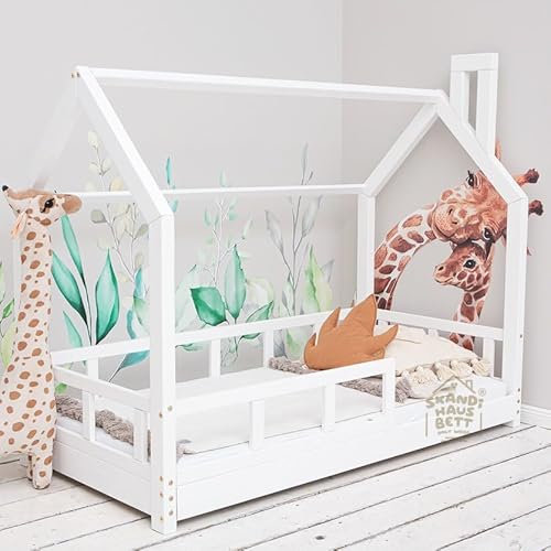 Hausbett 80x160 Mit Rausfallschutz Weiß - Bell - Kinderbett mit Lattenrost - Kinderbett Haus - Rausfallschutz Bett Holz für Kinderzimmer - Kinderbett Mädchen und Jungen