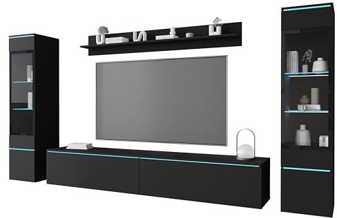 Muebles Slavic Ensemble de Salon Vera II - Meuble TV, 4 Éléments, Armoire Murale, Moderne (Noir Graphite, LED)