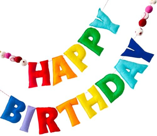 Vorbespanntes Happy Birthday-Banner – Filzkugel-Girlande – Happy Birthday Girlande, Regenbogen-Geburtstagsdekorationen, personalisiertes Schild für Dekoration, Party-Dekoration, Foto-Requisite