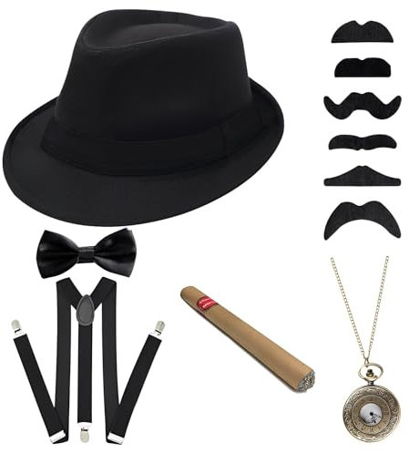 Huamengyuan 1920 Herren Gatsby Accessoires Mode der 20er Jahre Hosenträger Fliege Taschenuhr Papierzigarre Outfit-Accessoires der 21er Jahre für Männer Gentlemen-Bälle, Partys und Auftritte