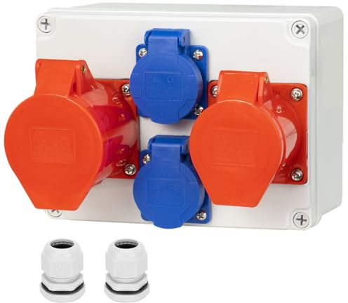 CHENGPI Steckdose Aufputz Wandverteiler Starkstrom Verteiler mit IP54 Schuko Steckdosen und 16A/32A CEE-Steckdose,IP67 Baustromverteiler Steckdosenverteiler -Ramped Socket Box,Gebäude Stromverteiler