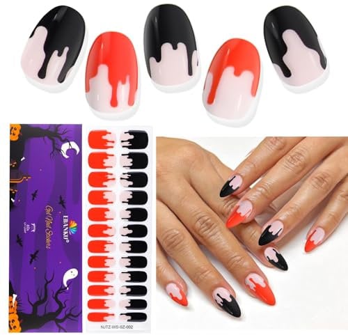 EBANKU Halloween Semi Cured Gel Nail Strips, 24PCS Halloween Gel Nail Stickers - Long Lasting & Easy to Apply & Remove for Salon Quality Manicure | Black Red French Blood