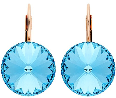 LÖB Brisur 750er Roségold Vergoldet Kristall Rund Hellblau, Damen Ohrringe Hängend Ohrhänger Creolen Glitzer Strass Stein Aqua Blau Rose Gold Schmuck