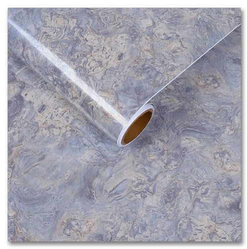 CRE8TIVE Cream Blue Marble Wallpaper Glossy Self Adhesive Wallpaper for Living Room Waterproof Marble Vinyl Wrap for Furniture Modern Kitchen Worktop Covering Bathroom Splashback Cupboard 30cm x 200cm