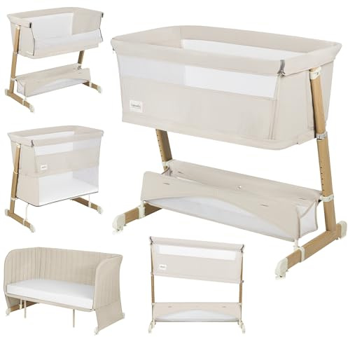 Lionelo THOMI Plus 5 w 1 Beistellbett, Kinderbett bis 9kg, Zustellbett | Reisebett, Laufstall bis 15kg, Sofa bis 100kg, höhenverstellbar, mit 2 Rollen und absenkbarer Seite Zustellbett