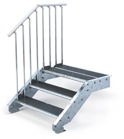 Außentreppe 3 Stufen mit Podeststufe - Höhe variabel von 50 cm bis 60 cm - feuerverzinkte Stahltreppe - Normbreite - montagefertiger Bausatz (1 x Geländer, Stufenbreite 60 cm)