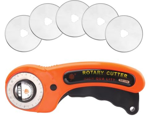 Treki 45mm Rollschneider Stoffschneider mit 5 Ersatzklingen Rotary Cutter, Schneideroller für Nähen, Rollmesser für Stoff Leder Papier