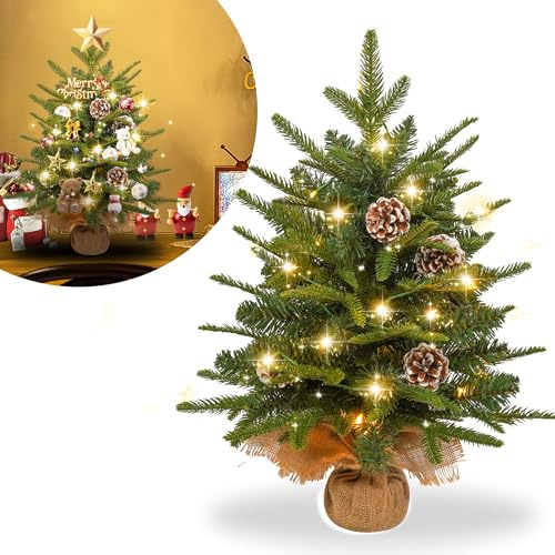 YRHome 60cm Mini Weihnachtsbaum künstlich klein Tischweihnachtsbaum Tannenbaum mit Beleuchtung künstlich mit 30 warmweiß LED, Kiefernzapfen PE+PVC Mischung für Weihnachtsdekorationen