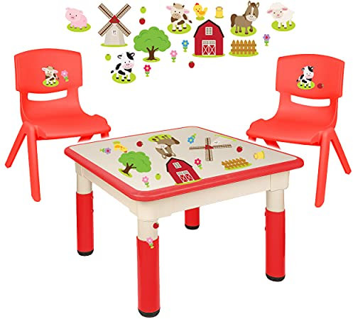 alles-meine.de GmbH Sitzgruppe für Kinder - Tisch + 2 Kinderstühle - Größen & Motiv & Farbwahl - Bauernhof Tiere/rot - höhenverstellbar - 1 bis 8 Jahre - Plastik - für INNEN & ..