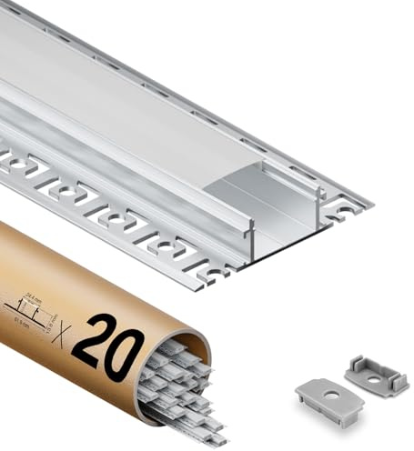 Shine Plus 20 x LED Fliesenprofil 2 m Lichtdiffusor-Schiene für Led‑Streifen, LED Unterputzprofil Breite 24,4 mm (mit Flügeln 61,8 mm) Höhe 12,5 mm, Innenbreite 20 mm, mit milchiger PC-Abdeckung